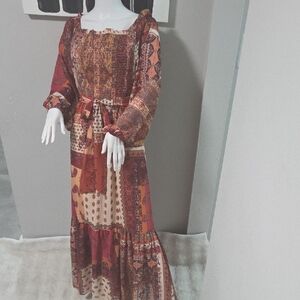 Flying Tomato Patchwork Long Sleeve Dress - Red and Cream